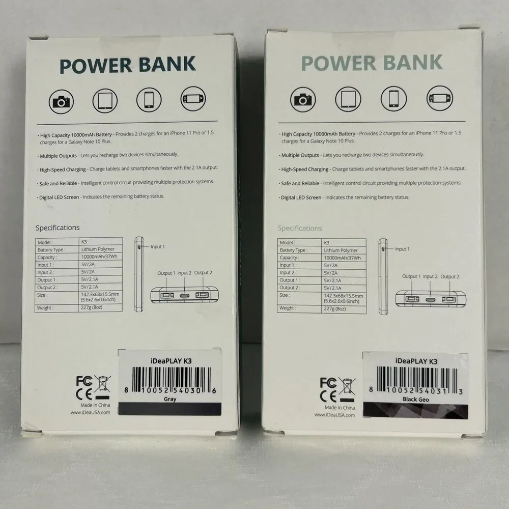 iDeaPLAY 10000mAh External Battery Power Bank Black & Gray Lot/2 Tested Working
